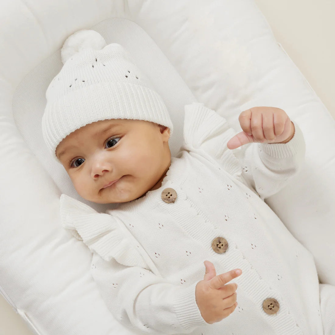 Ivory Pointelle Knit Beanie