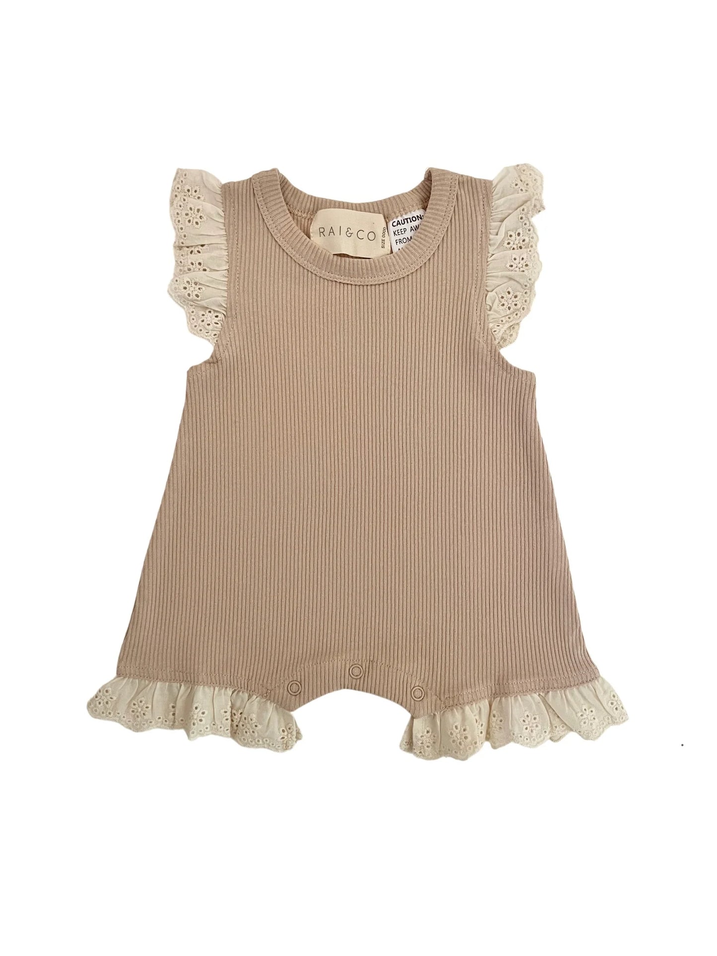 Mini Ribbed Lace Frill Romper- Beige
