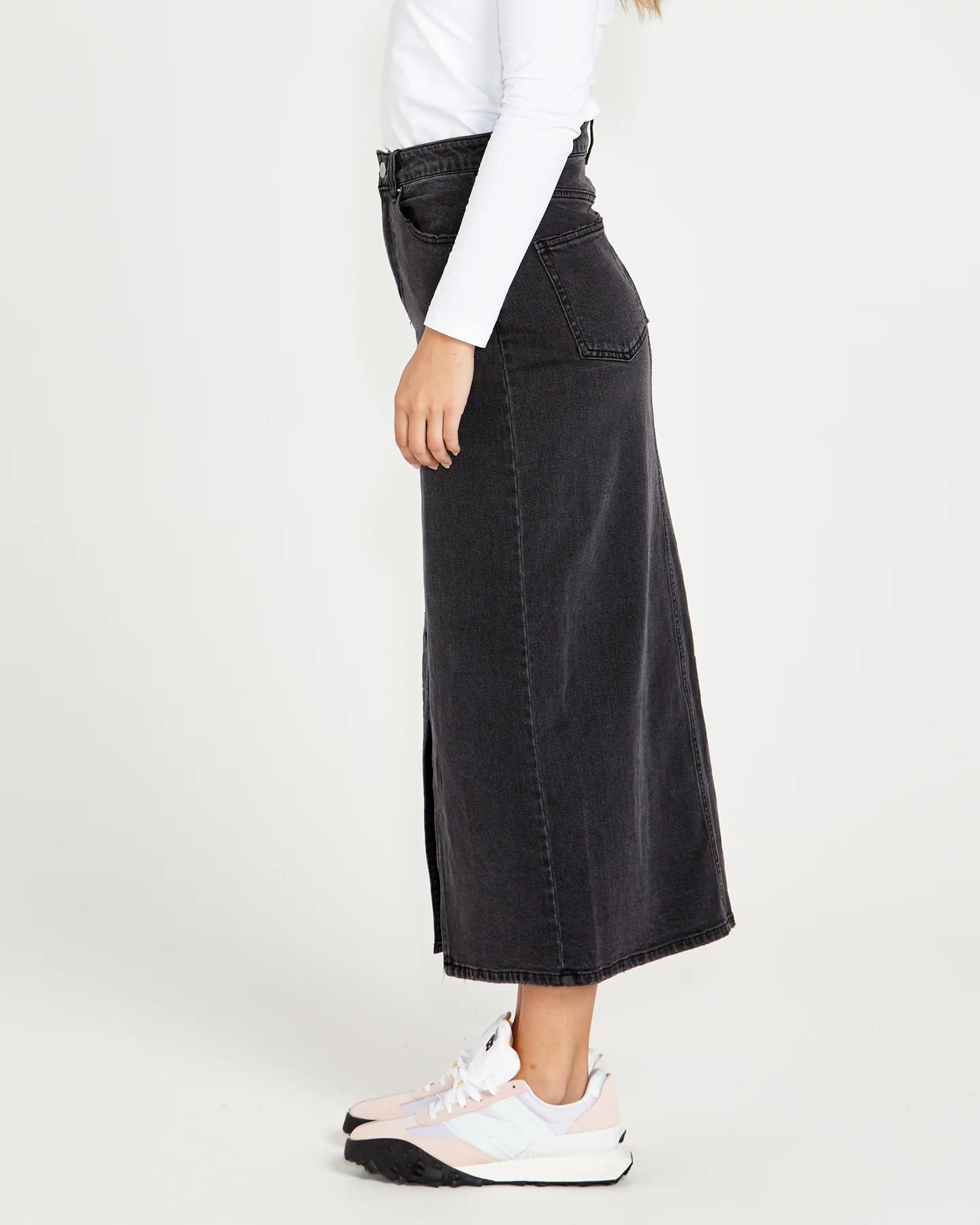 Emerald Front Split High Waist Denim Maxi Skirt