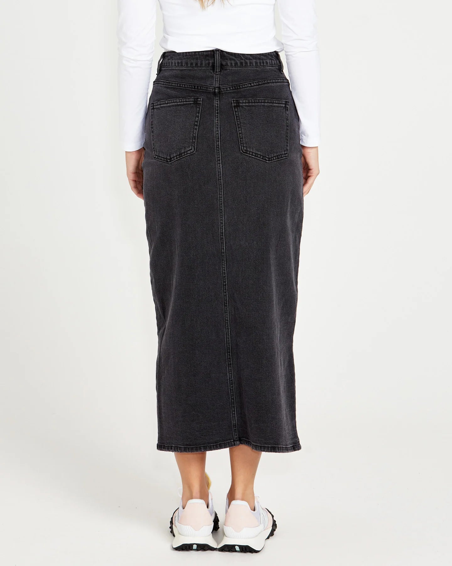 Emerald Front Split High Waist Denim Maxi Skirt