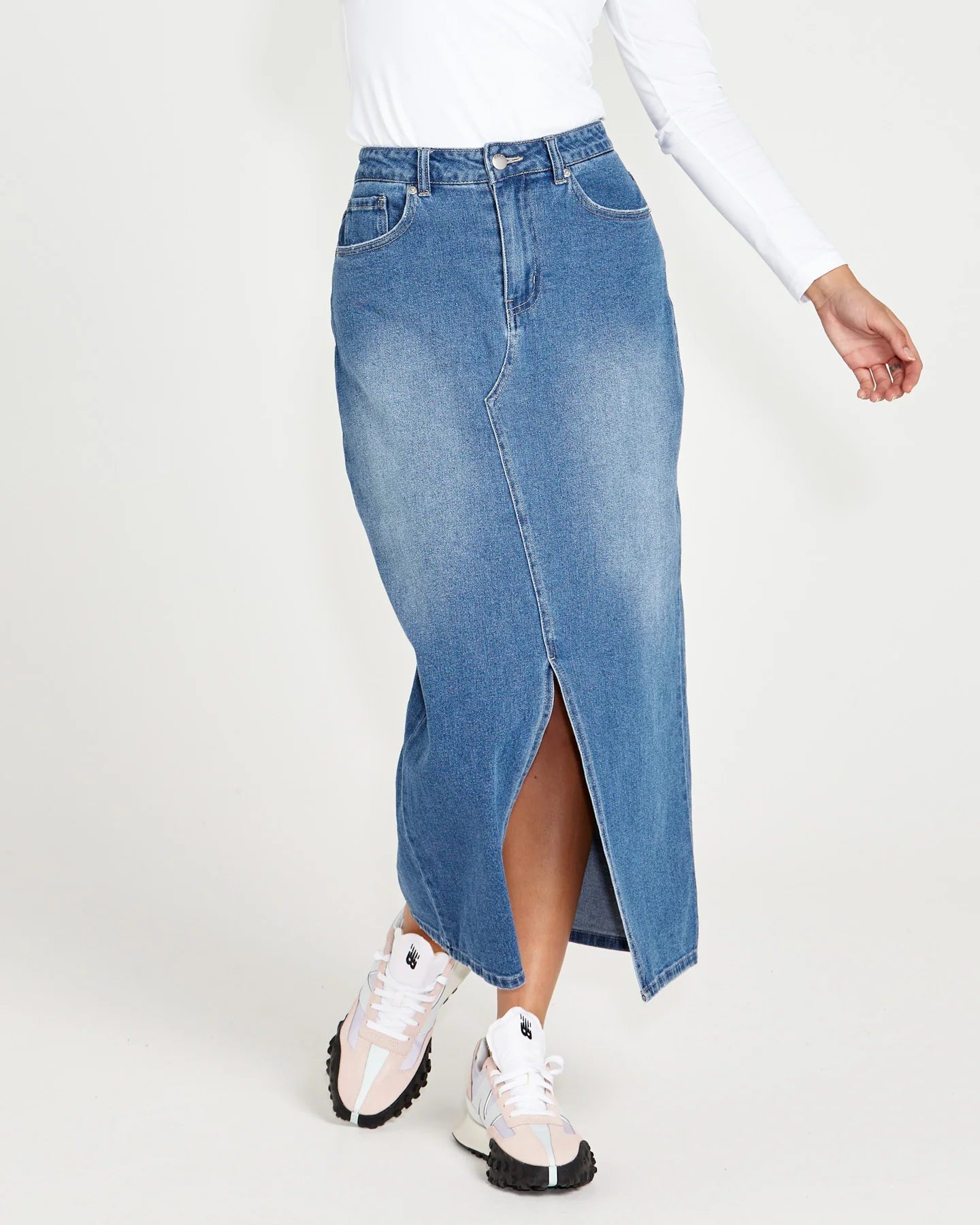 Emerald Front Split High Waist Denim Maxi Skirt