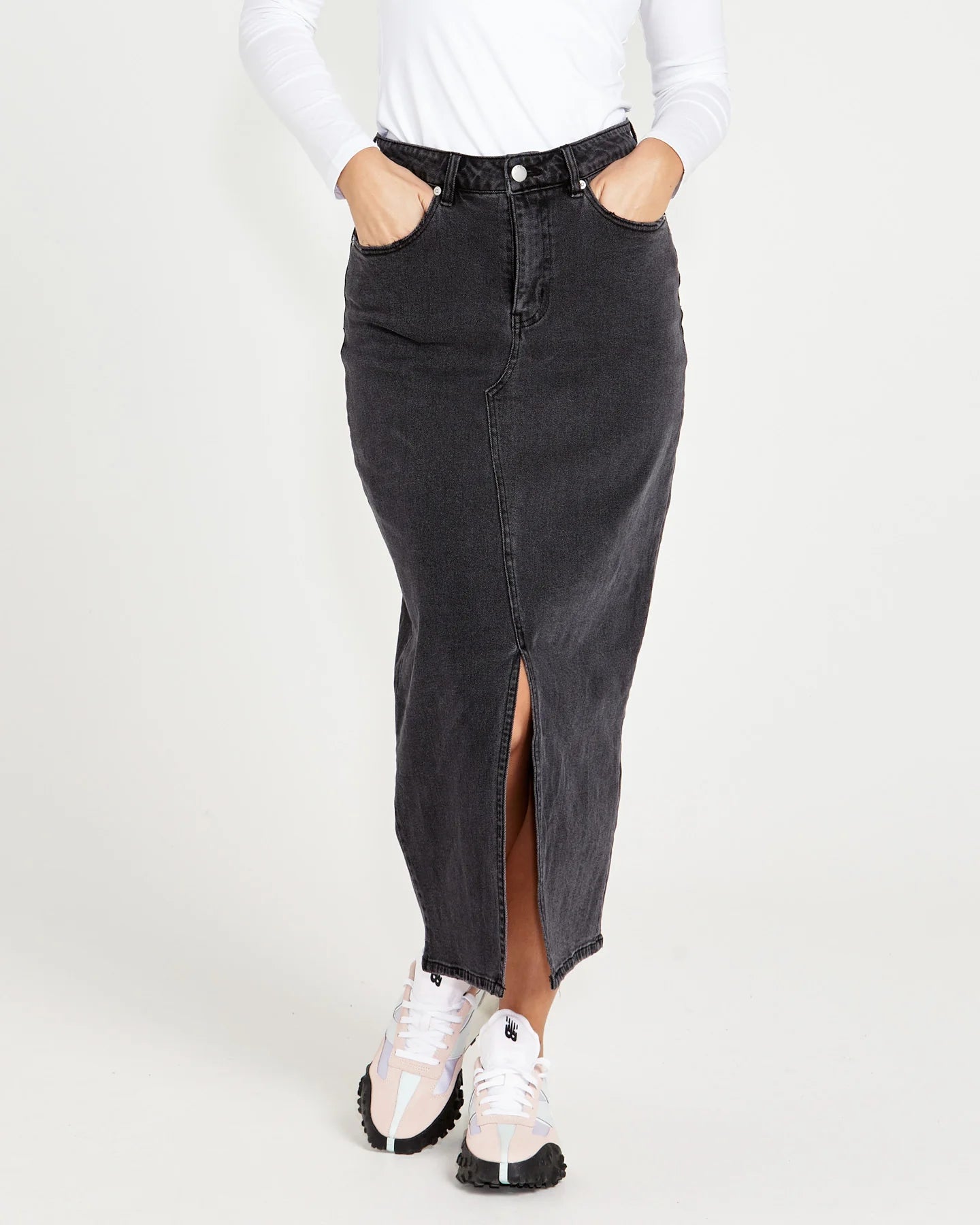 Emerald Front Split High Waist Denim Maxi Skirt