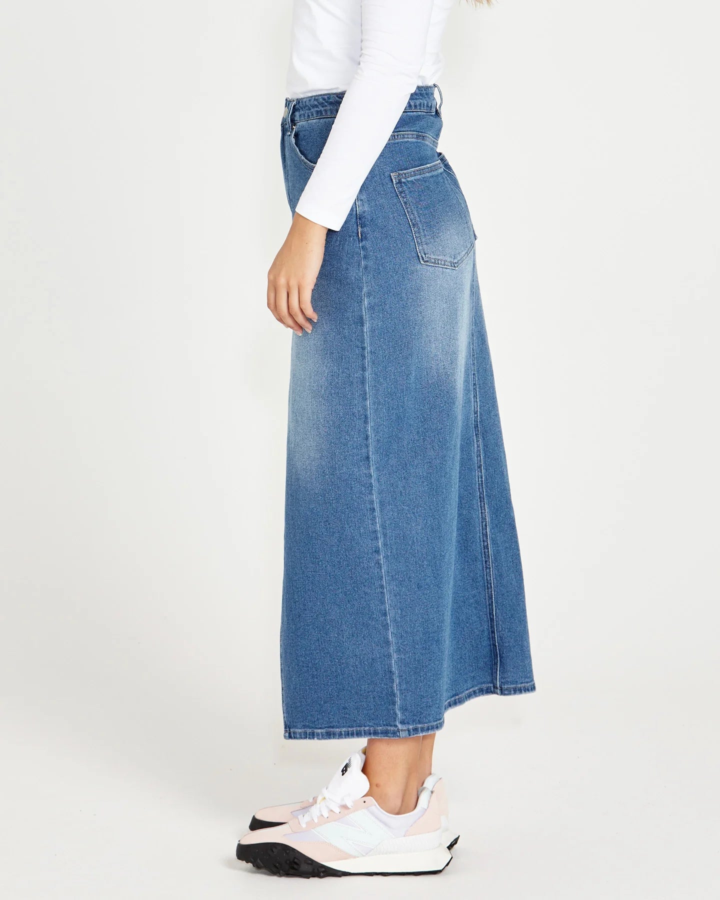 Emerald Front Split High Waist Denim Maxi Skirt