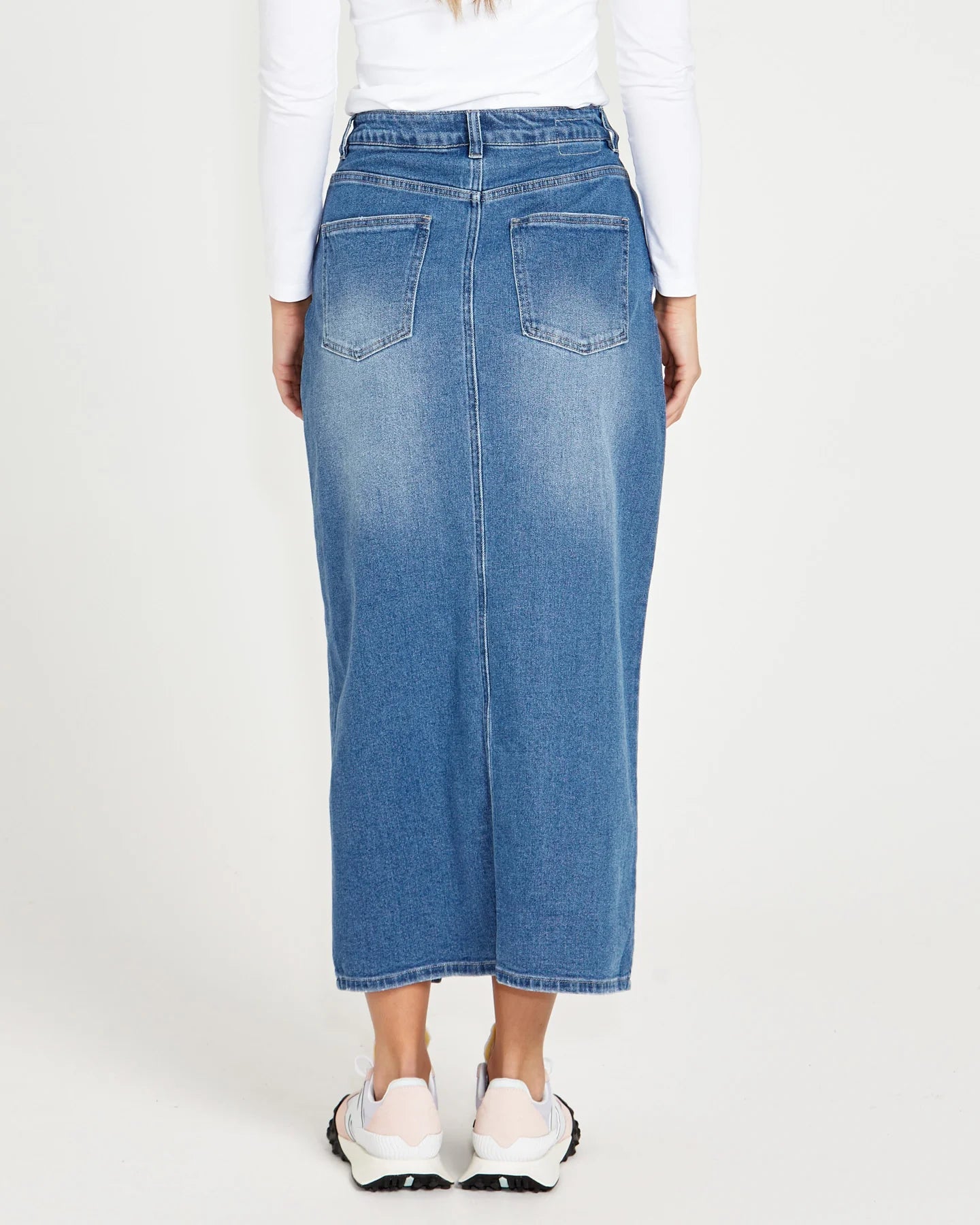 Emerald Front Split High Waist Denim Maxi Skirt