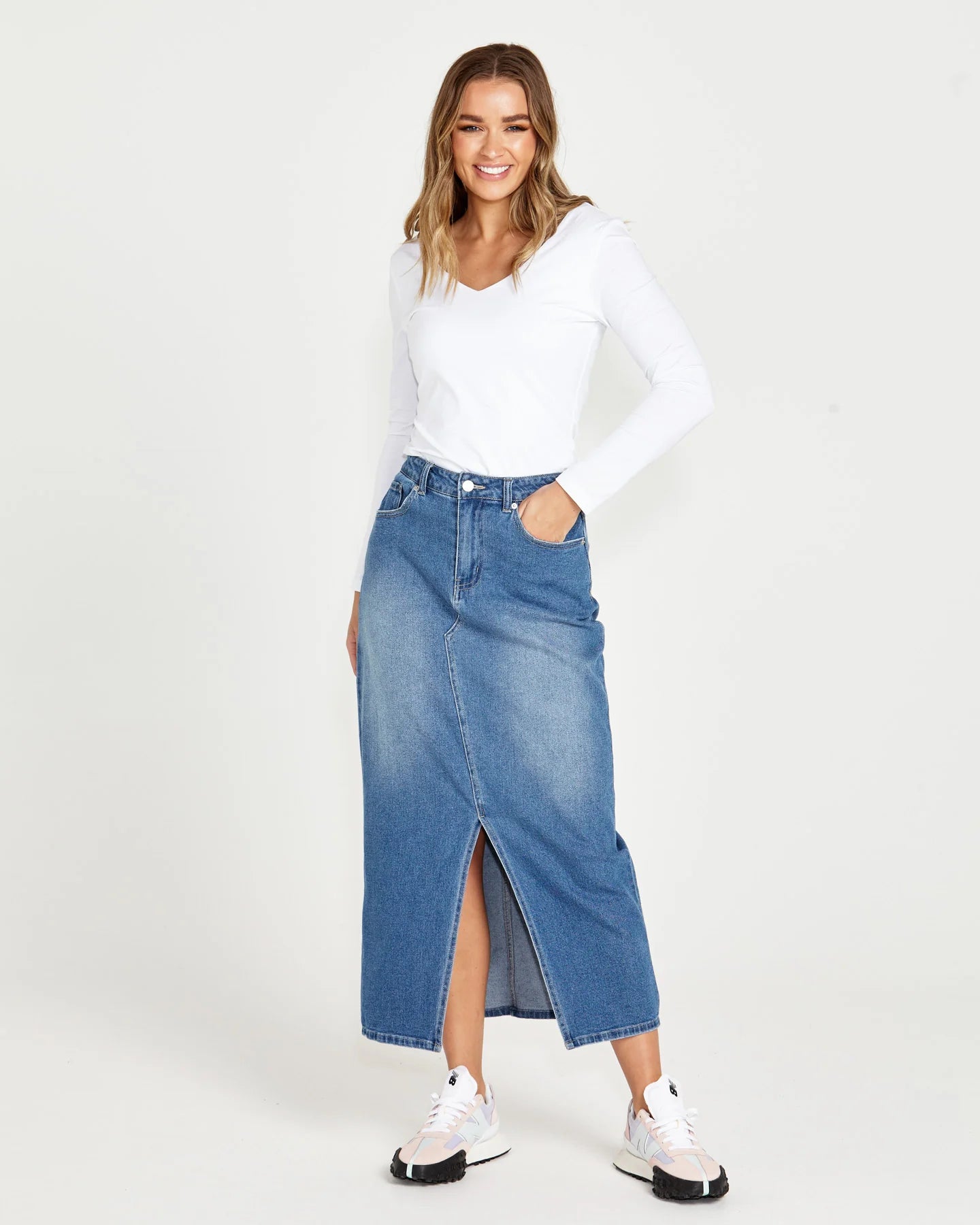 Emerald Front Split High Waist Denim Maxi Skirt